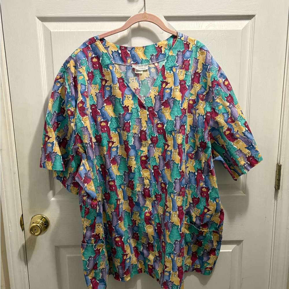 The Best of Uniforms Women’s Scrub shirt with multi color cat pattern